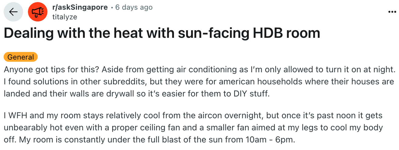 Reddit post about dealing with heat in sun-facing HDB room