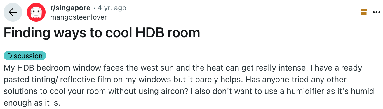 Reddit post about finding ways to cool HDB room