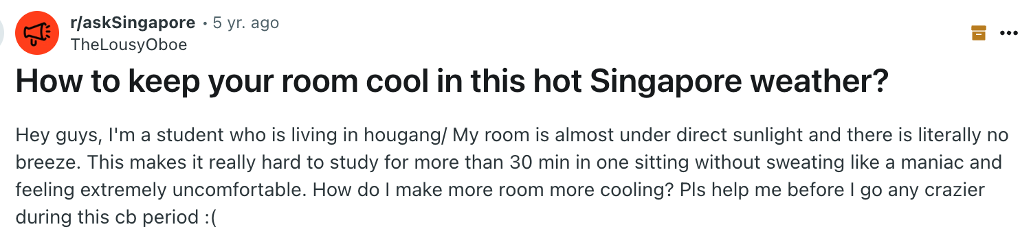 Reddit post about keeping room cool in hot Singapore weather